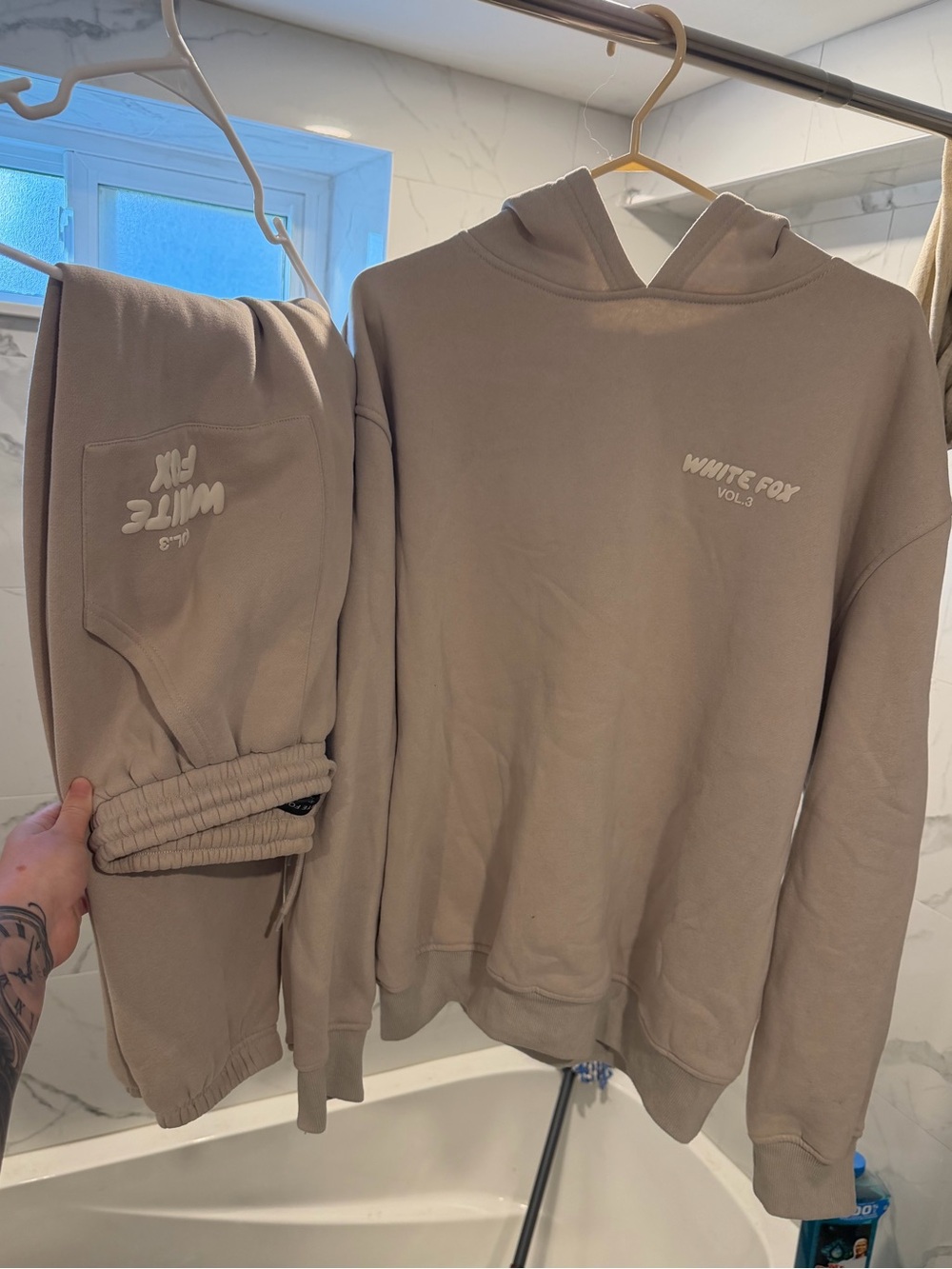 White Fox Offset Taupe Hoodie & Sweatpants Set